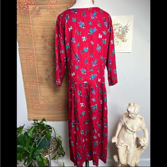 90s Putumayo Vintage Dropwaist Folk Print Red Dress Large - Picture 2 of 9